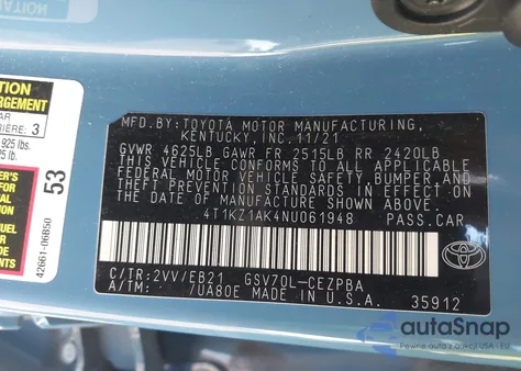 2022 Toyota Camry Trd из США, поврежденный, VIN 4T1KZ1AK4NU061948